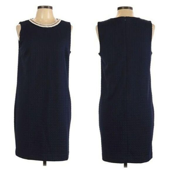 Cynthia Rowley Textured Modest Sleeveless Necklace Collar Shift Dress Blue Sz L - Picture 1 of 9